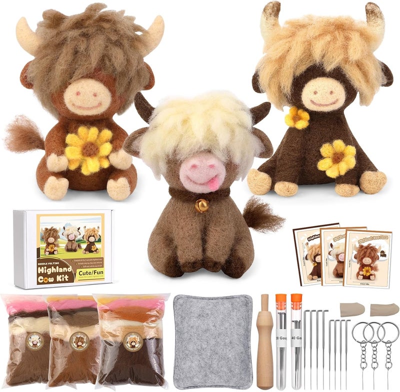 Yizzvb Needle Felting Kit, Highland Cow Family Needle Felt Beginner Kits with Instruction, Wool, Felting Needles, Felting Pad, Wool Felting Kits for Beginners Home Decoration - Image 1